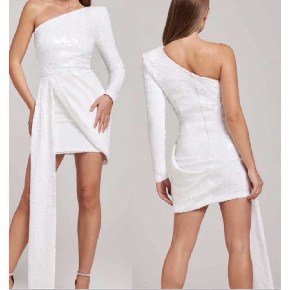 NWT Nadine Merabi Celina Sequins One Shoulder Mini Dress White Women's Small